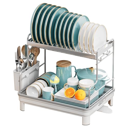 Ewaiira Dish Drying Rack, Dish Racks for Kitchen Counter, Anti-Rust Dish Dryer Rack with 360° Swivel Spout Drainboard Set, Utensil Holder and Cup Holder for Kitchen Countertop (2 Tier-White)