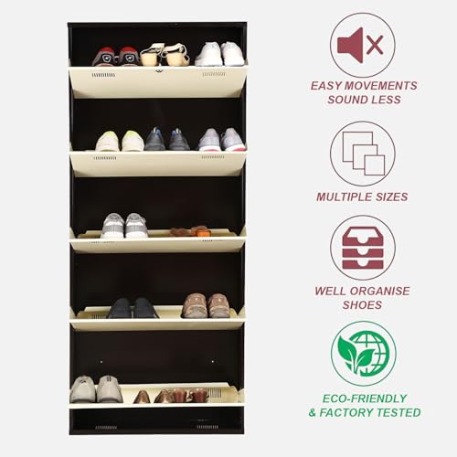 Image of Metal Shoe Rack Wall Mounted for Home with Central Locking 5 Door 28 inch Wall Mounted Metal 15 Pair Shoe Rack Cabinet Pre-Assembled Rack Shelves 3 Year Warranty (Brown & Ivory)