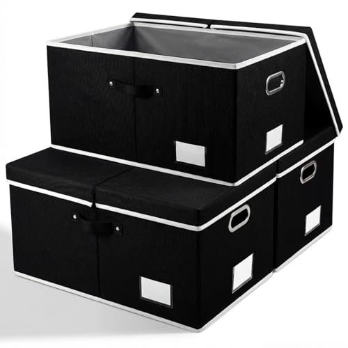 Image of PRANDOM Storage Boxes with Lids [3-Pack] Fabric Collapsible Storage Bins Organizer Containers Baskets Cube with Cover for Home Bedroom Closet Office Nursery Black（23.4X15.9X11.5