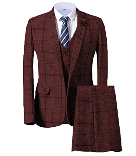 Terno masculino 3 peças xadrez tweed formal casamento smoking blazer xadrez calça colete, Preto, 48