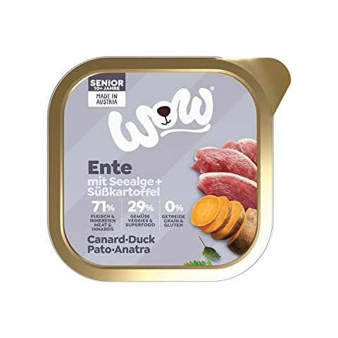 WOW Hundefutter nass Senioren mit Ente, 11x150g | reichhaltiges Nassfutter für ältere Hunde aller Rassen I beste Qualität mit viel Fleisch, Seealge & Süßkartoffel I getreidefrei & hohe Verträglichkeit Cover