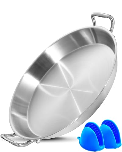 14 Inch Paella Pan, Tri-ply Stainless Steel Induction Compatible Large Spanish Rice Pan, Great for Spanish Rice, Seafood Paella, Authentic Paella, Socarrat, Oven Safe, 5-8 Servings, Detachable Handles