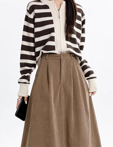 IDEASLANXUN Womens Fall Winter Corduroy Skirt High Elastic Waisted Aline Pleated Long Maxi Skirt3