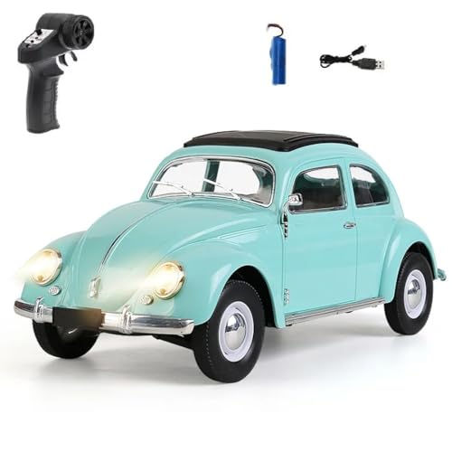 HOENTECH D62MINI Retro RC Beetle Car, 1:16 Scale Vintage RWD Drift Remote Control Car Model with 130 Motor & LED Lights, Gift for RC Enthusiasts