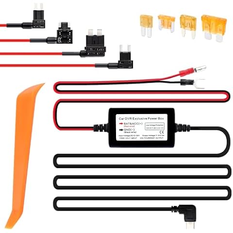 11Ft USB C Dash Cam Hardwire Kit - 12V-30V to 5V 2.5A Car Dash Camera Charger Power Supply+4pcs 16AMG Car Fuse Tap&4PCS 5A Blade Fuse for Car Dash Camera(Type-C USB) Cover