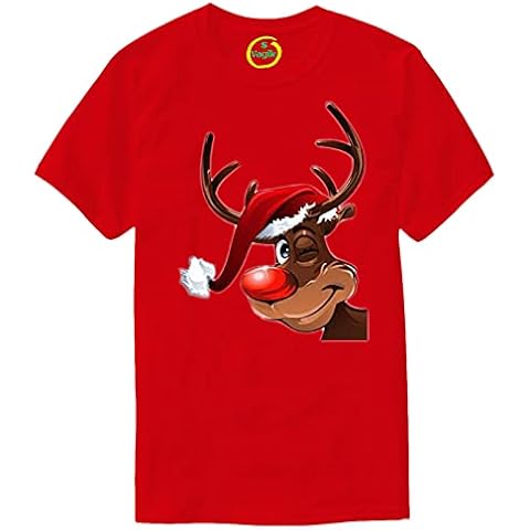 Vagile Kids Boys Girls Santa Smiling Rudolph Reindeer Xmas Christmas Tee T-Shirt Top Tshirt Red Cover