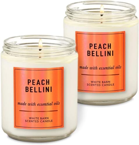 White Barn - Bath & Body Works - Peach Bellini - Single Wick Scented Candle with Essential Oils 7 oz / 198 g Each Pack of 2