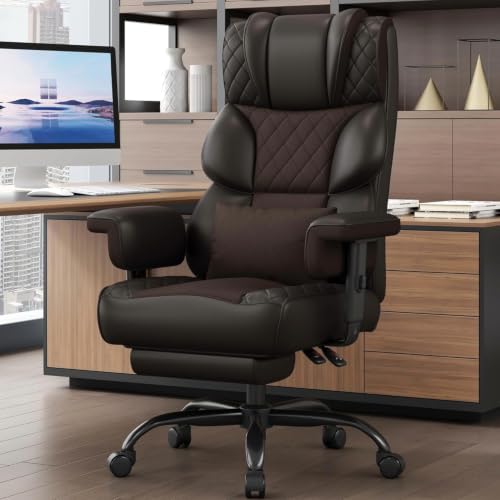 Image of Vonesse Office Chair, Desk Chair with Soft Adjustable Armrests, Executive Computer Chairs with Lumbar Support, High Back Gaming Chair with Footrest (PU Leather, Brown)