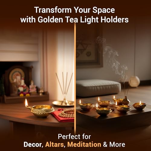 Image of SATVIK 20 Pc Indian Pooja Kuber Diya for Diwali Decoration. Handmade Oil Lamp with Golden Engraved Made of Brass Metal. Vilakku for Puja Pooja. Traditional Indian Deepawali Housewarming Gift Items