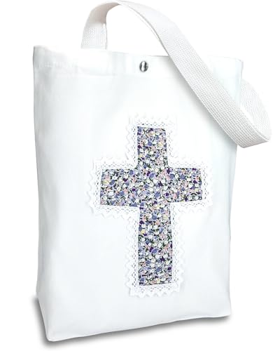 Image of Christian Tote Bag Gift for Women, Canvas Bible Bag Handmade Floral Cross | Christian faith-inspired gift, handcrafted cross with lace, inner pocket, snap closure, bottom gusset, church Bible study use
