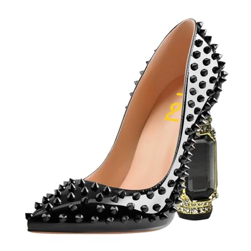 FSJ Women Sexy Studded Rivets Crystal Chunky High Heel Pumps Classic Closed Pointed Toe Slip On Basic Spikes Heel Ladies Party Wedding Shoes Size 4-16 US