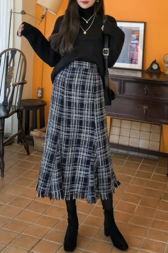 ebossy Women's Casual Plaid Tweed Long Skirt Fall Winter Wool High Waist A-Line Fringed Fishtail Skirt4