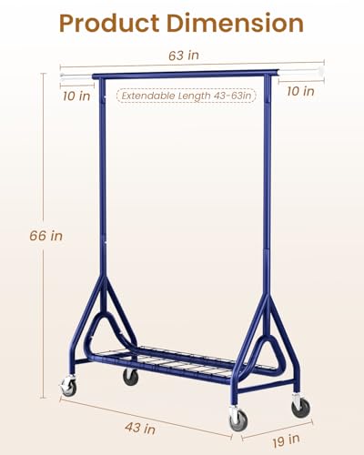 Image of Heavy Duty Clothing Rack, Metal Clothes Rack Load 450 LBS, Rolling Coat Racks for Hanging Clothes with Lockable Wheels, Wardrobe Closet Garment Racks for Bedroom, Navy Blue