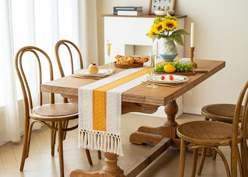 Image of FEXIA Boho Table Runner for Summer Home Decor with Tassels 72 Inches Long Farmhouse Yellow Rustic Table Decoration Macrame Burlap Decor for Living Room Bridal Shower (12x72 Inches)