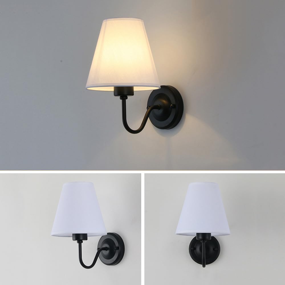 Czarne kinkiety ścienne zasilane bateriami z kloszem z tkaniny, zestaw 2 lamp w stylu vintage w stylu wiejskim, bezprzewodowy pilot zdalnego sterowania, oprawy do sypialni, oświetlenie