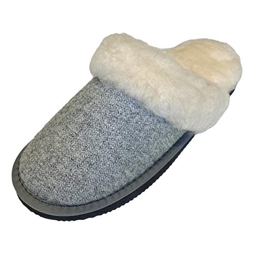 Image of Deluxe Ladies Sheepskin Mule Style Slippers with Thick Sheepskin Lining (Grey Herringbone, numeric_4)