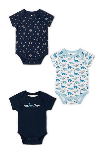 monica + andy Short Sleeve Jack & Jill Bodysuit 3-Pack, Size 18-24M, Dinosaur & Space Print, 100% Organic Baby Clothes for Boys & Girls, Sustainable Super Soft Cotton, Newborn, Infant & Toddler Sizes