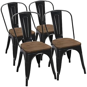 Yaheetech 18 Inch Classic Iron Metal Dining Chair with Wood Top/Seat Indoor-Outdoor Use Chic Dining Bistro Cafe Side Barstool Bar Chair Coffee Chair Set of 4 Black