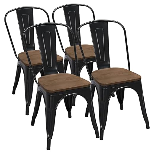 Yaheetech 18 Inch Classic Iron Metal Dining Chair with Wood Top/Seat Indoor-Outdoor Use Chic Dining Bistro Cafe Side Barstool Bar Chair Coffee Chair Set of 4 Black