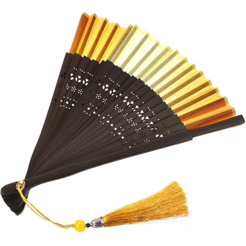 IMIKEYA Ventaglio pieghevole a mano stile cinese con frange colore giallo sfumato, leggero e portatile per danza, feste, matrimoni e accessori vintage in bambù