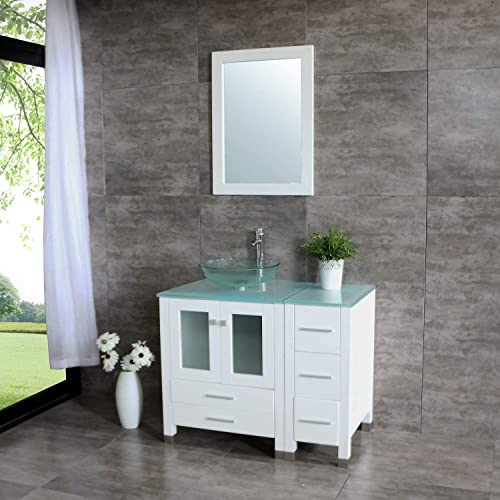 Wonline 36” White Wood Bathroom Vanity Cabinet Tempered Clear Glass Vessel Sink Top Free Faucet Drain With Mirror Modern Vanities Set #TOP1