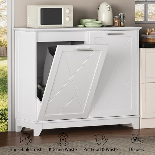 Image of Double Tilt Out Trash Can Cabinet with Charging Station, Negative Ion Odor Control, Hidden Dual 10-Gallon Recycling Cabinet, Dog Proof Garbage Can for Kitchen, Laundry, Dining Room,White