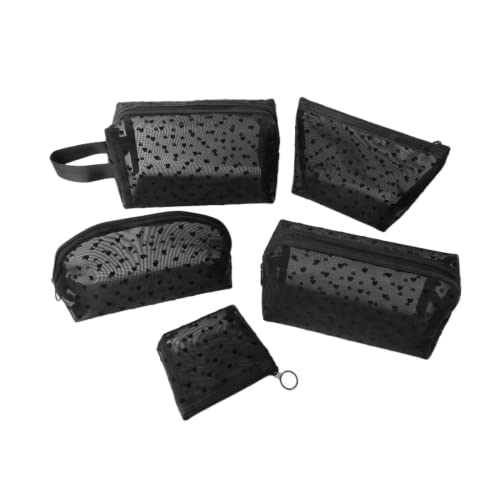 KKBGN 5 Pieces Heart Mesh Makeup Bags Set, Portable Travel Toiletry Bag Travel Makeup Organizer Bag Cosmetic Bags for Women Girls, Small Items Storage Organizer for Home Office Travel (Black)