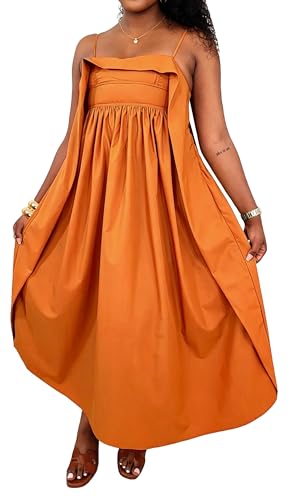 Image of YUEWOO Midi Dresses for Women Casual Summer Sundresses Vacation Outfits Spaghetti Strap Smocked Women Maxi Dress with Pockets