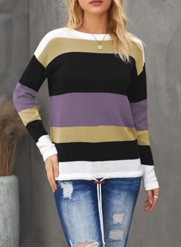 Image of Dokotoo Womens Sweaters Striped Fall Winter Outfits Drawstring Color Block | Long Sleeve,Crewneck,Lightweight Fashion Clothing,Teachers Comfy Outfits,Business Casual Tops,Vacation Wear