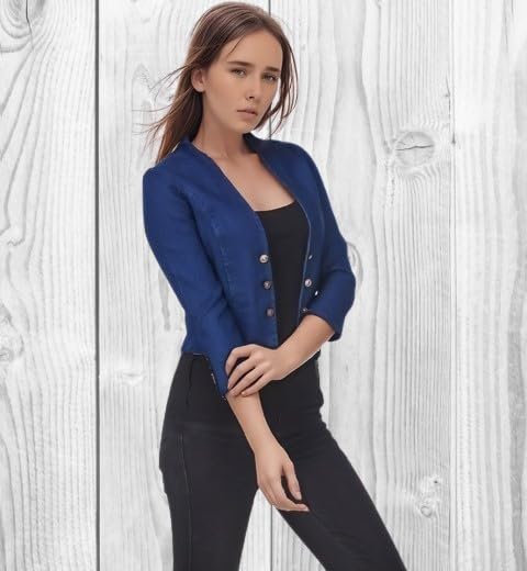 Image of Women's Blue Cropped Blazer, 3 /4 Sleeve, Button Front, Formal Jacket