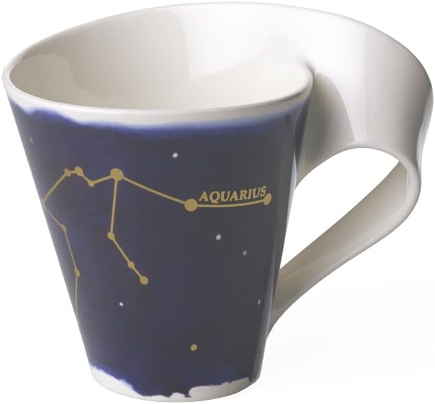 Villeroy und Boch – NewWave Stars Becher mit Henkel, formschöne Tasse mit Wassermann-Motiv, Premium Porzellan, spülmaschinengeeignet, weiß/blau, 300 ml