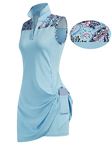 Sleeveless Golf Dresses For Women Moisture Wicking Tennis Dress With Built In Shorts Uv Protection(Light Blue+Paisley,Xl) #TOP10