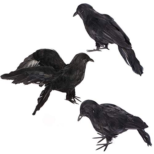 Y- STO Halloween Decorations Realistic 3 PC Birds Black Feathered Crows - Halloween Ravens Prop Décor,Out-Door or Indoor Decoration