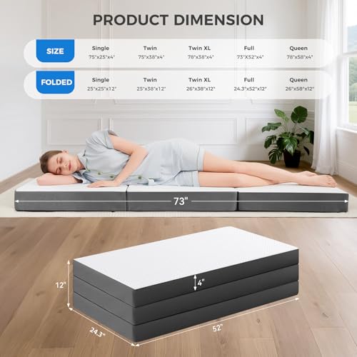 Image of MASVIS Trifold Mattress, 4 Inch Memory Foam Foldable Mattress with Washable Cover, Tri-Folding Floor Bed for Camping, Full