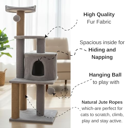 Image of Soft Fur Activity Scratching Post /Cat Tree for Kittens & Cats - Natural Sisal Rope Triple Platform Tower (Height 43 Inch) (Grey -3FLOOR)