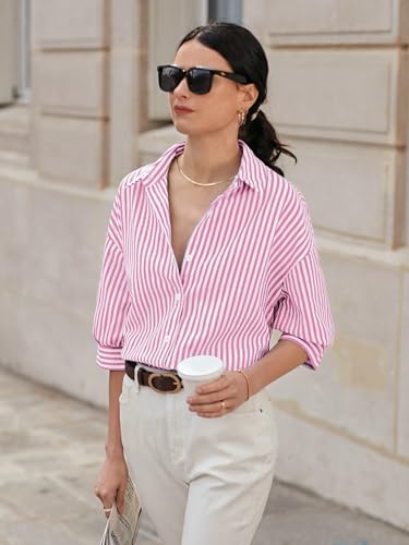 Image of IndoPrimo Women's Classic Fit Striped Print Poly Cotton Shirt with 3 /4 Sleeve Mandarin Neck Standard Length and Button Down Closure Type
