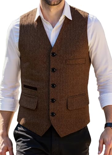 Men Tweed Suit Vest,Herringbone Slim Fit Casual Vest for Men