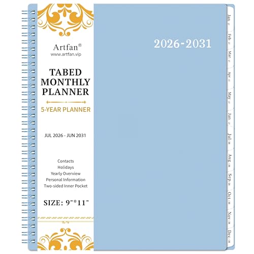 2026-2031 Monthly Planner/Calendar - 5 Year Planner, Jul. 2026 - Jun. 2031, 9" x 11", 5 Year Calendar Double-Side Pocket + Durable Polypropylene Cover - Light Blue