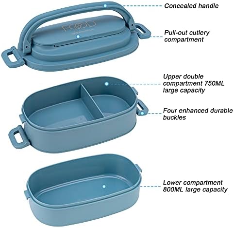 KiXi Lunch Boxes 2-Layer 3 Compartment |Cutlery Set Bento Boxes | Food Storage Containers Meal Prep for Kid Men Women Adults Working Schools ,Suitable for Microwave and Dishwasher,BPA Free.blue