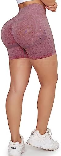 YEOREO Women High Waist Workout Yoga Gym Smile Contour Seamless Cycling Shorts Burgundy S