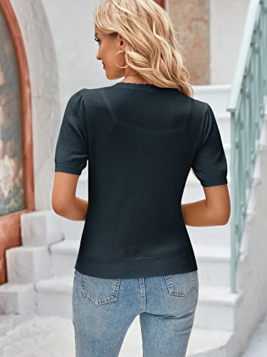 Women Puff Sleeves Short Cardigan Bolero Shrug Hollow Out Button Down Summer Knit Sweater Navy Blue Xl #TOP2