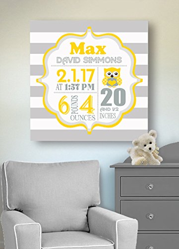 Personalized Stretched Canvas, Striped Birth Announcement, Custom Baby Name, Date, Weight Stats, Safari Owl Nursery Wall Decor, Wooden Frame Construction, Ready to Hang 30X30