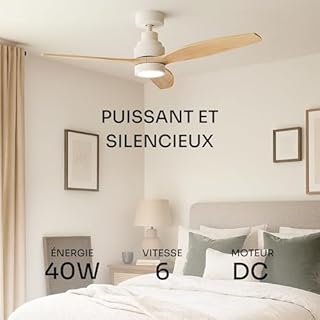 Mellerware - Ventilateur de plafond avec télécommande Brizy! Bright 45W | Lampe puissante | Ultra silencieux | 3 lames | Diamètre 132cm | 6 vitesses | Refroidissement + LED intégrée | Bois clair