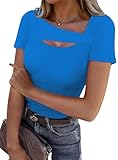 XIEERDUO Short Sleeve Shirts for Women Sexy Summer Tops Tight Blue Shirts for Womens Y2K Tops Date Night Outfit for Women M