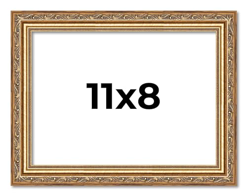 Poster Palooza 11x8 Traditional Antique Gold Wood Picture Frame - UV Acrylic, Foam Board Backing, & Hanging Hardware Included