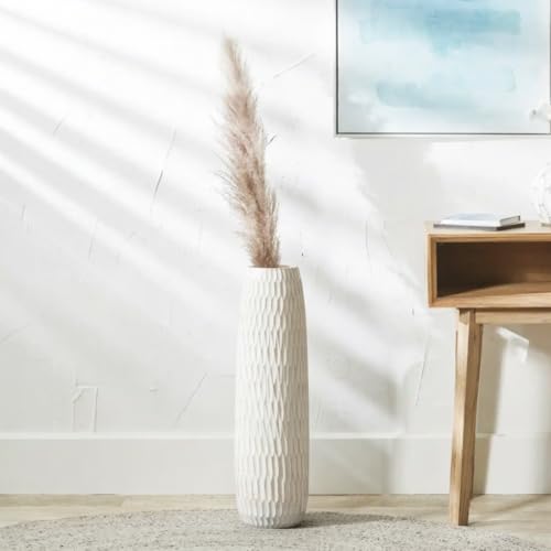 19.6 inches Soft White Tall Resin Floor Vase – Handcrafted Albasia Wood, Modern Boho Farmhouse Style, Vintage Sustainable Large Floor Vase for Artificial & Dried Flowers, Unique Home Decor/ 15 x 50cm