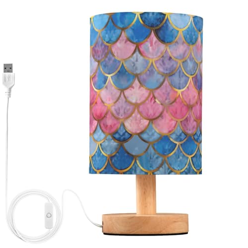 ALAZA Mermaid Scales Pink Blue Gold Decor Bedside Table Lamp with USB Port for Bedroom Nightstand Office Desk LED Bulb Included