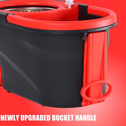Spin Mop And Bucket Set, Spinning Mop With Stainless Steel Wringer, Easy Wring Mop Bucket On Wheels, Microfiber Spin Mop And Bucket With 2 Extra Refills, 61" Telescoping Handle, Red & Black #TOP4