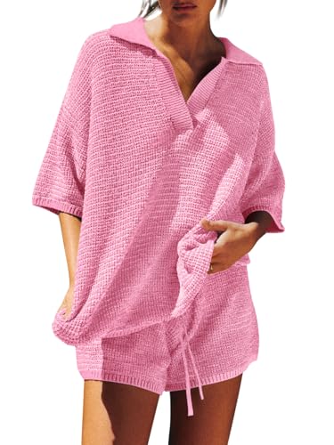 Image of Tankaneo Womens Sweater Set 2 Piece Outfits Oversized 3 /4 Sleeve V Neck Knit Tops High Waisted Shorts Lounge Sets