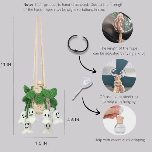 Image of ROFIGL Handmade Crochet Hanging Car Air Freshener - Glow-in-the-Dark Lily of the Valley Plant with 12ml Refillable Essential Oil Diffuser Bottle, Halloween Car Accessories & Bedroom Nightlight Decor